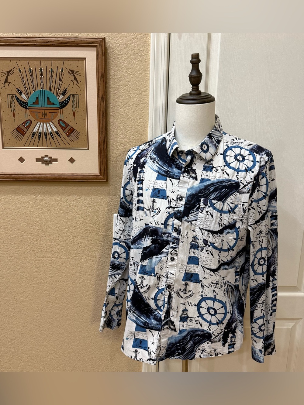 Paisley & Gray Parker XXL Slim Fit Nautical Whale Lighthouse Shirt Preppy Coasta
